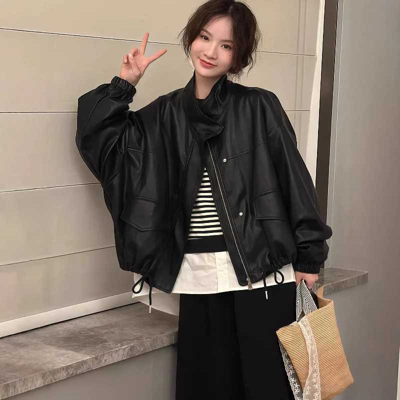 Leather Stand-up Collar Jacket Women's 2026 Autumn and Winter New High-end Loose Small Locomotive Clothes Drawstring Jacket Top C260921
