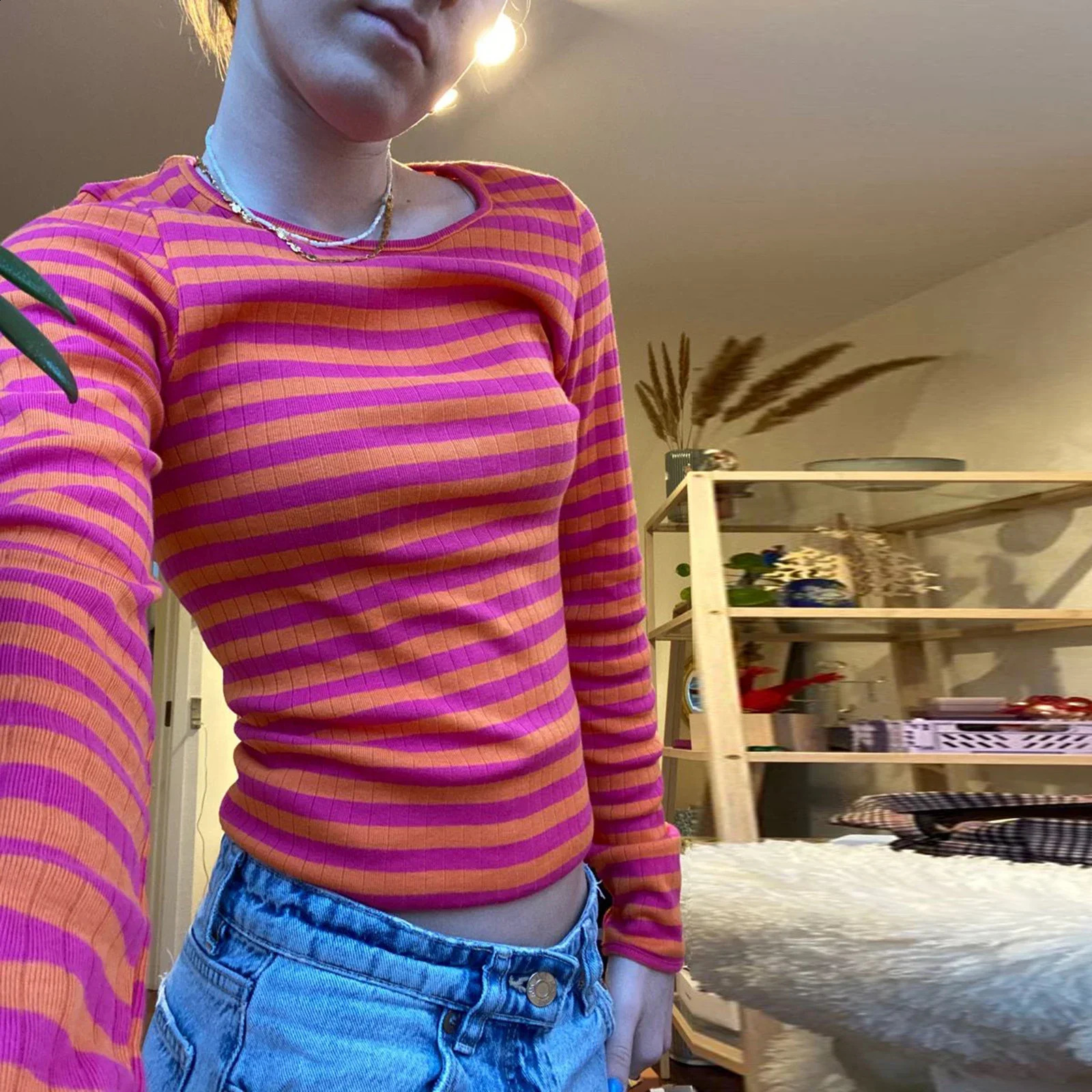 Vintage Preppy Style Y2K Crop Tops Clothes Cottage Striped Rib Knitted Tshirt Women Long Sleeve Casual Basic Tees Pullovers 260921