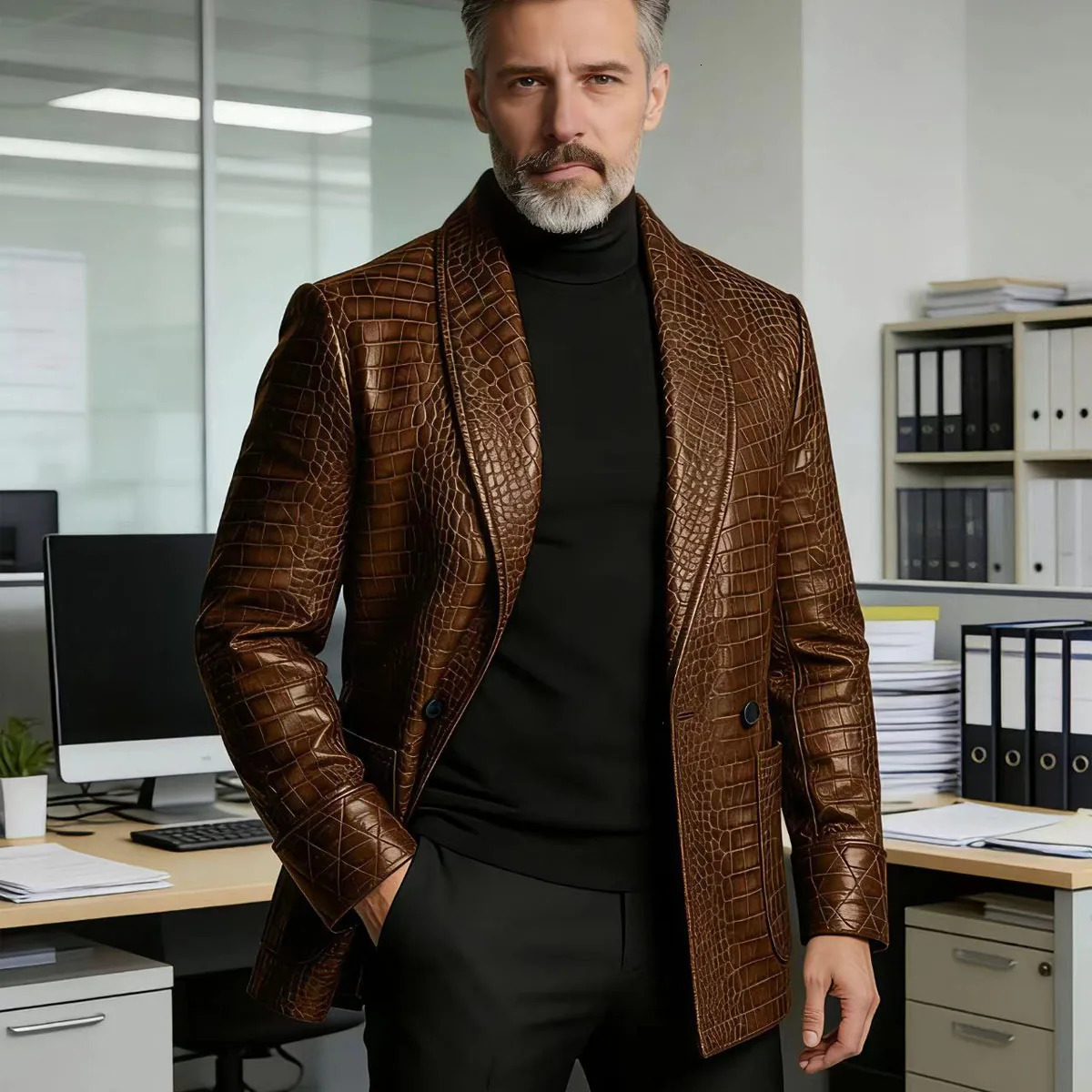 Men's Crocodile Embossed Leather Blazer Double Breasted Business Casual Brown Jacket Office Wear Formal Plus Size Suit Coat 260921