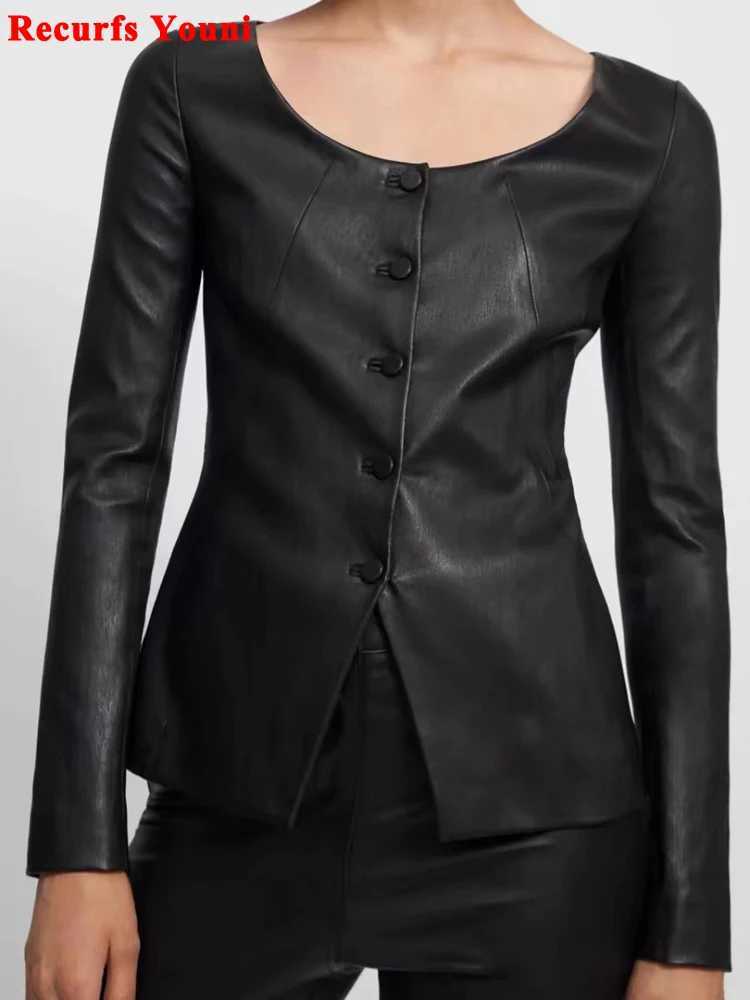 Jacket Stretch Leather For Women Luxury Genuine Elastic Sheepskin Cardigan 2026 U-neck V Hem Slim Fit Tops Mujer Tight Clothing C260921