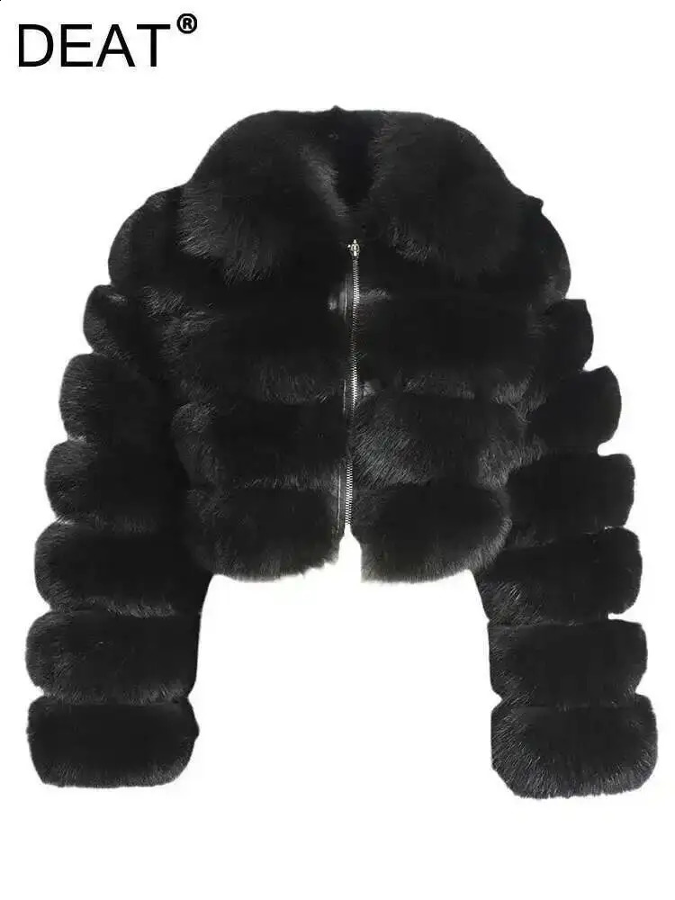 DEAT Fashion Womens Faux Fur Coat Lapel Zipper Long Sleeves Loose Thick Short Jacket Winter 7AB6103 260922