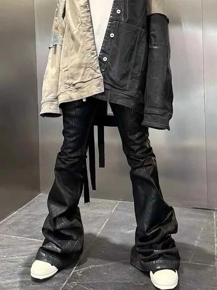 Black Strtwear Wax Leather for Men Ropa Baggy Y2k Flare Pants Oversized Straight Denim Trousers S260922BHJV