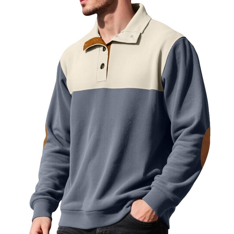 Sweat-shirt Polo en tricot côtelé pour hommes, manches longues, col Henley, fermeture à boutons, Patch au coude en daim, pull décontracté