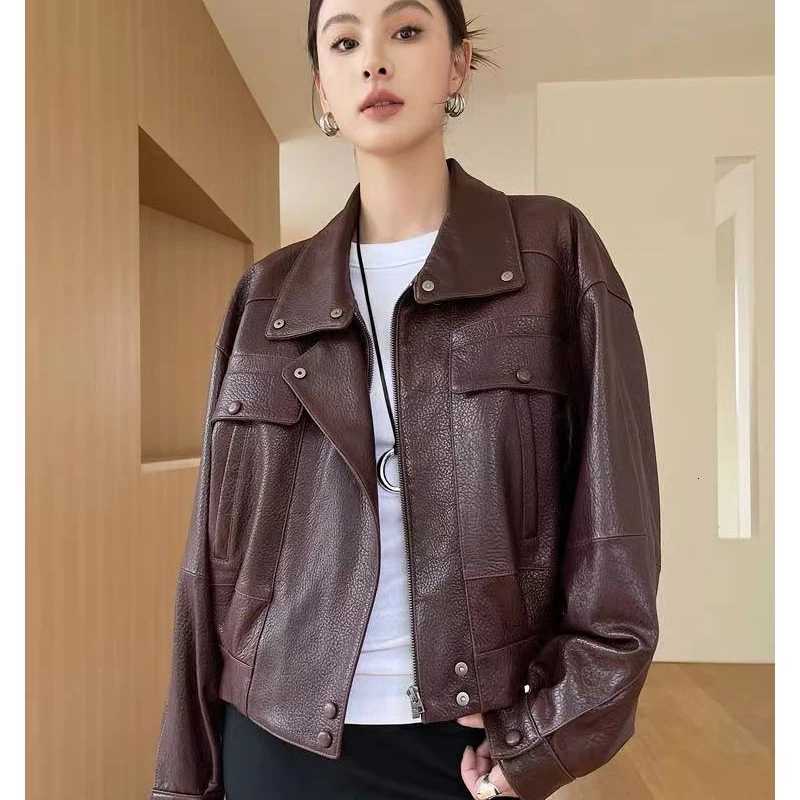 Sheepskin Women's Winter Coat Imported Sheep Bubble Leather Female Burgundy Lapel Zipper Motorcycle Jacket Chaquetas De Mujer C260921