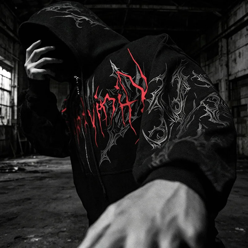 Hombres gótico cráneo espina gráfico cremallera completa sudadera con capucha forro polar manga larga invierno punk gótico streetwear sudadera de gr