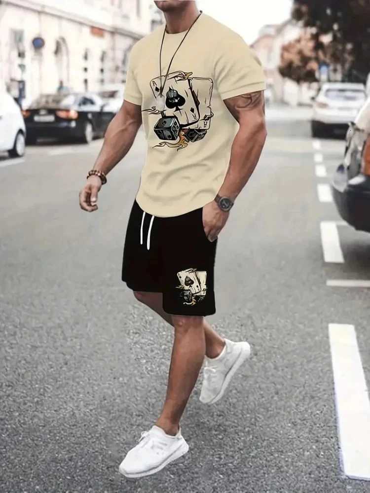 Tracksuits New Men's Men's Summer Street Trendy Letter Printed Comfortable Breathable Round Neck T-shirt Shorts Set Outdoor High Street Cl