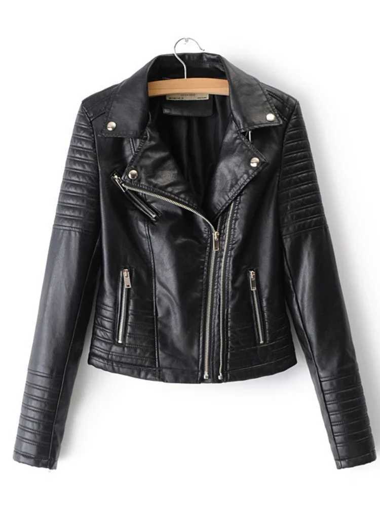 Women Elegant Jackets Turn Down Collar Faux Leather Coats Streetwear Zipper Splice Pockets Jacket Slim Fit High Street C260921