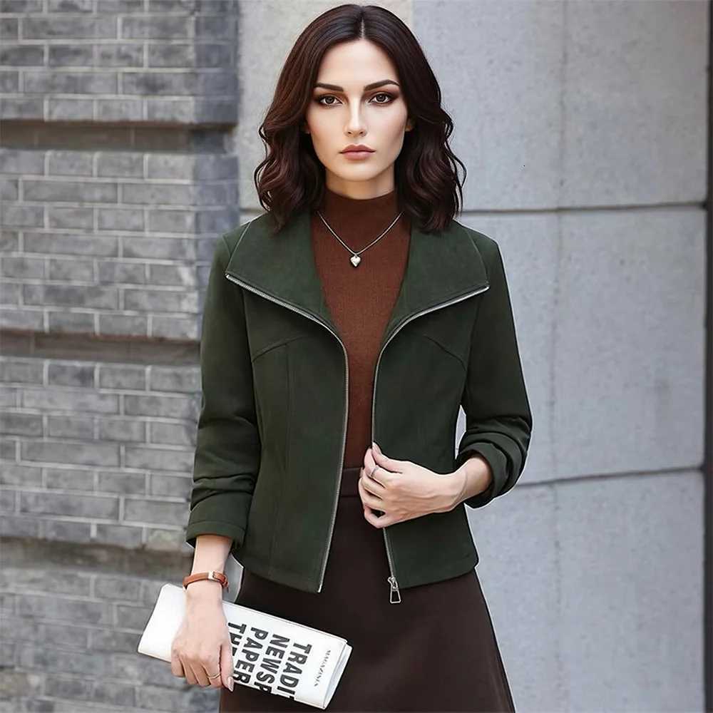 Vintage New Women Loose Suede Jacket Spring Autumn Fashion Turn-down Collar Short Split Leather Coat Casual Daily Jacket C260921
