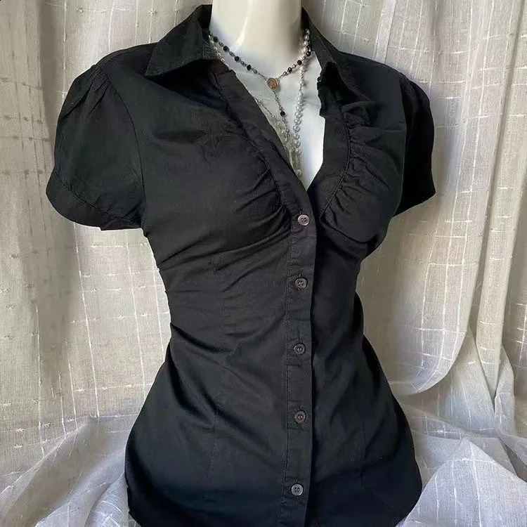 Gothic Black Blouse Y2K Style Short Sleeve Slim Fit Button Up Shirt Harajuku Punk Grunge Aesthetic E-Girl Streetwear Tops 260921