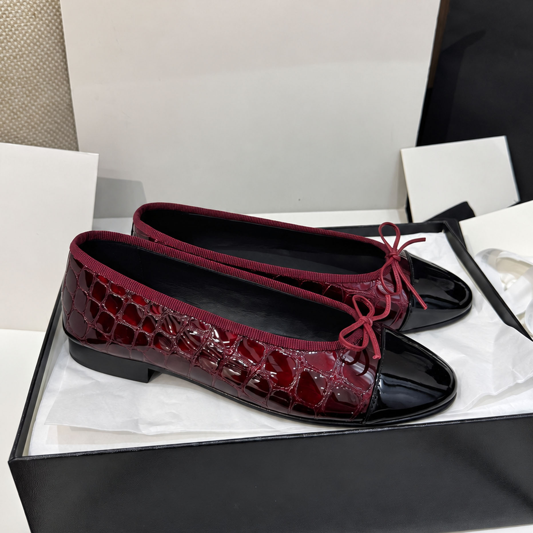 Women Bow Ballet Flats Burgundy Croc Embossed Leather Black Patent Cap Toe Low Heel Shoes Comfortable Elegant Dress Office Party Daily Wear