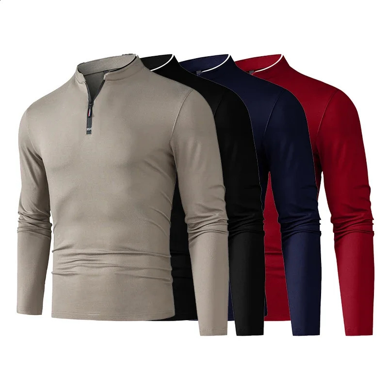 Men's Casual Fashion Zipper Solid Color Long Sleeved Polo Shirt Stand Up Collar Versatile Comfortable Top 260920
