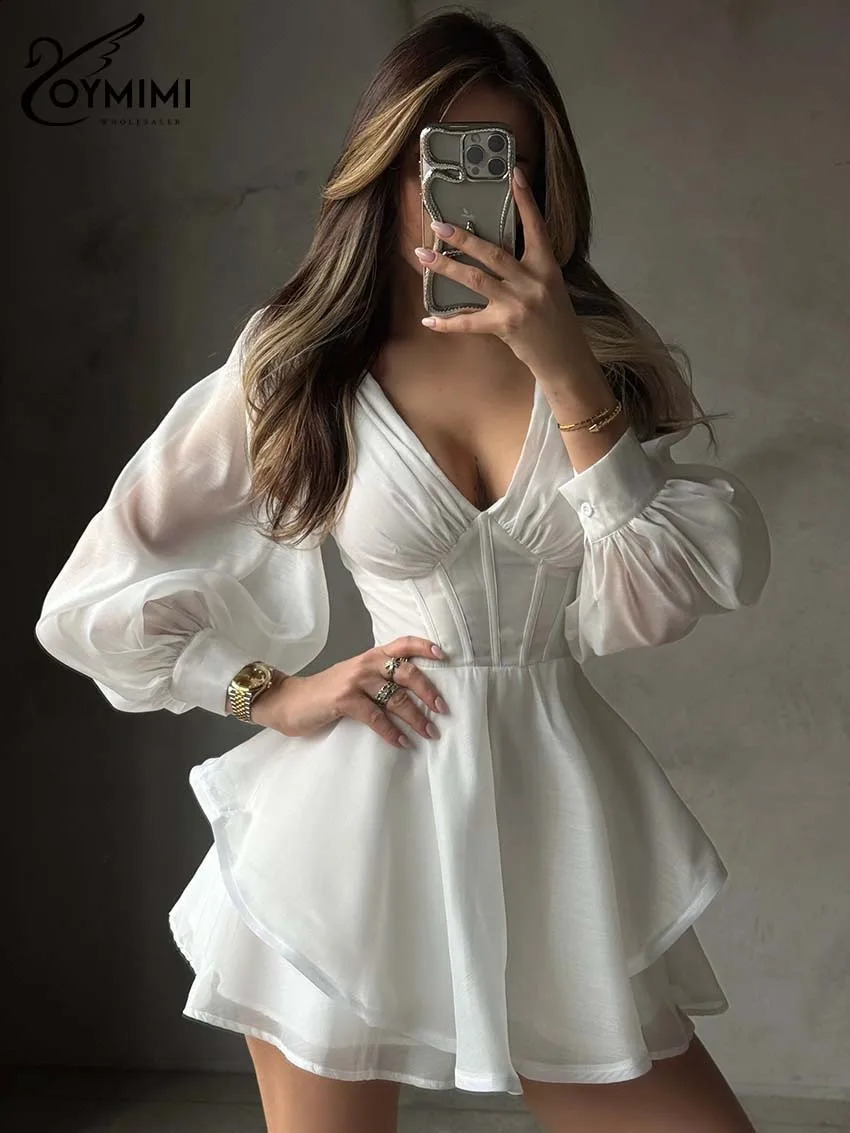 Oymimi Womens White Mini Dress 2026 Spring Deep VNeck Puff Sleeve Corset Tiered Ruffle Sheer Casual Party Fashion Trendy Wear 260921