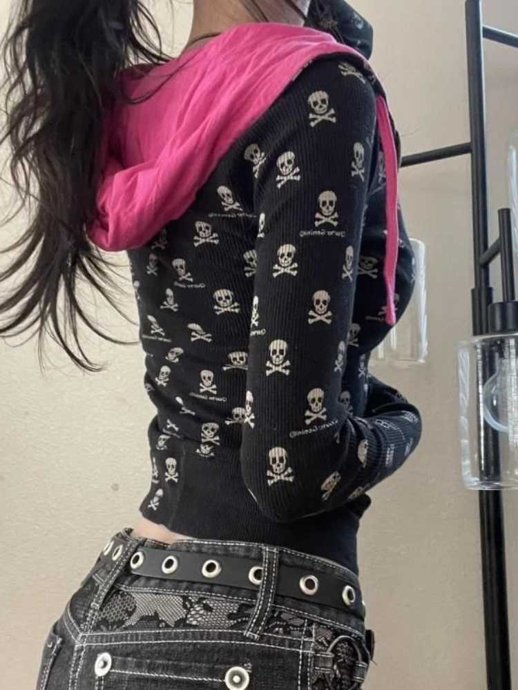 Women's Jackets New Vintage Punk Black Skull Printed Cardigan Women American Dark Academia Slim Thin Jacket Hign Street Casual Clothes Spring C