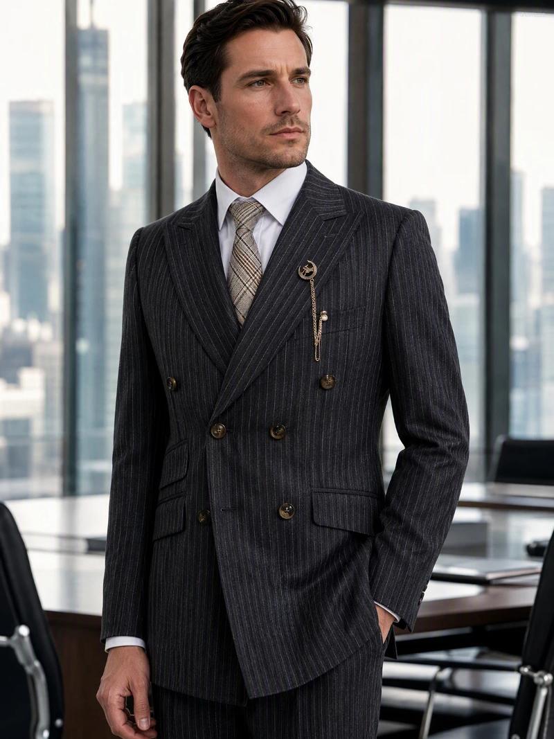 Men Striped Suit 2 Pieces Double Breasted Black Pinstripe Italian Cut British Style High Quality Elegant Jacket & Trousers