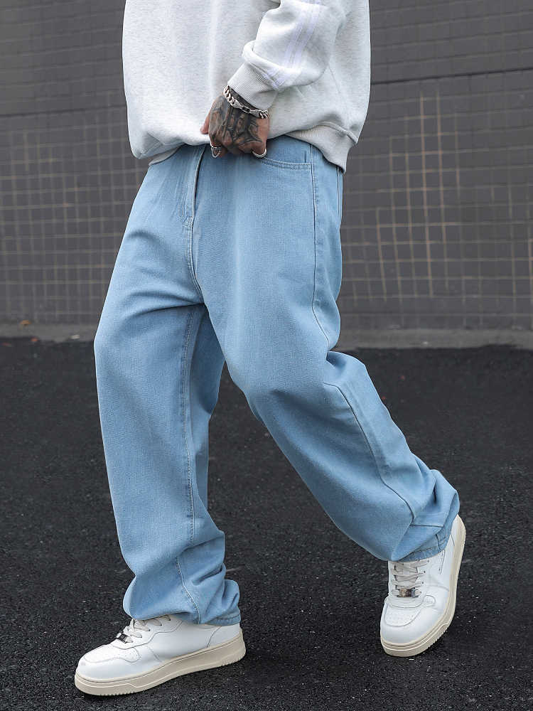 New Men's Jeans Men's Cotton Baggy Y2K Jeans Fashion Male Clothes Elastic Waist Washed Wide Leg Pants Solid Straight Loose Denim Trousers