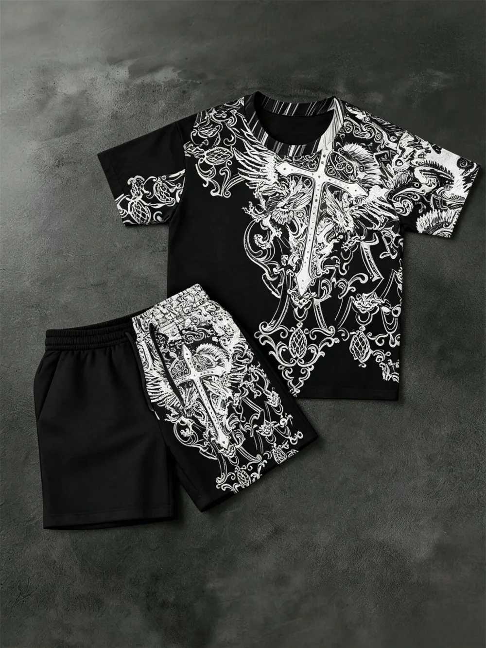 Men's American Men's Tracksuits Summer Totem Cross Print Comfortable Breathable Round Neck T-Shirt Drawstring Shorts Set Outdoor Streetwea