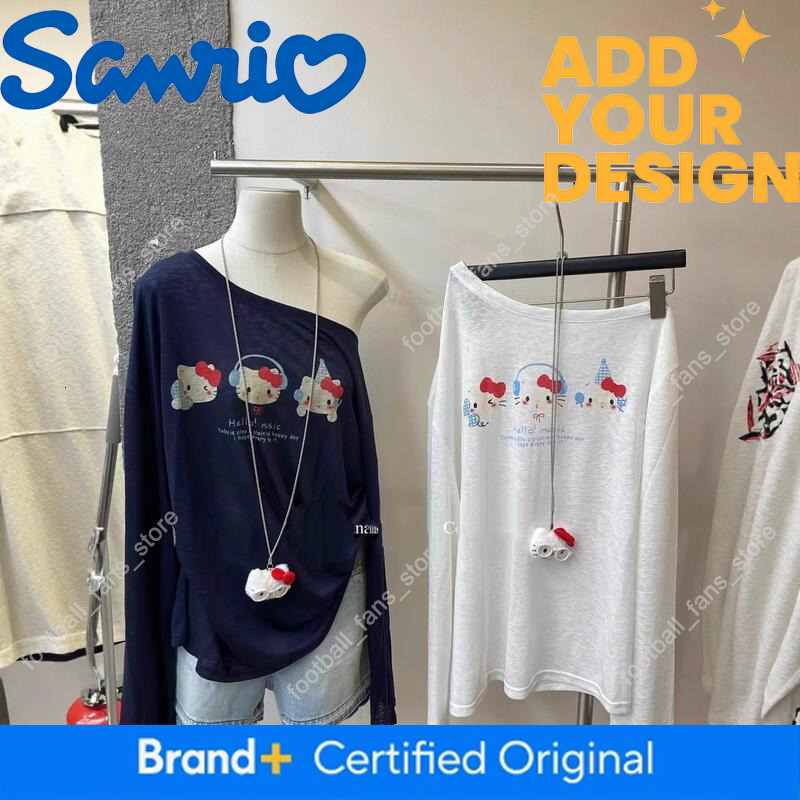 Hello Kitty Long-Sleeved T-Shirt Sanrio Women's Summer New Oblique Collar Shoulder Blouse Printed Versatile Sun Protection Tops 16