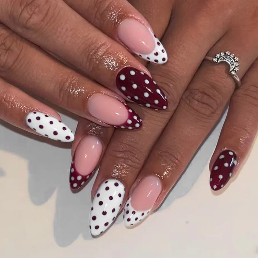 24Pcs Mid-length Almond Press on Fake Nails Wine Red French White Polka Dot False Nails Reusable Finished Full Cover Nails Tips 260922