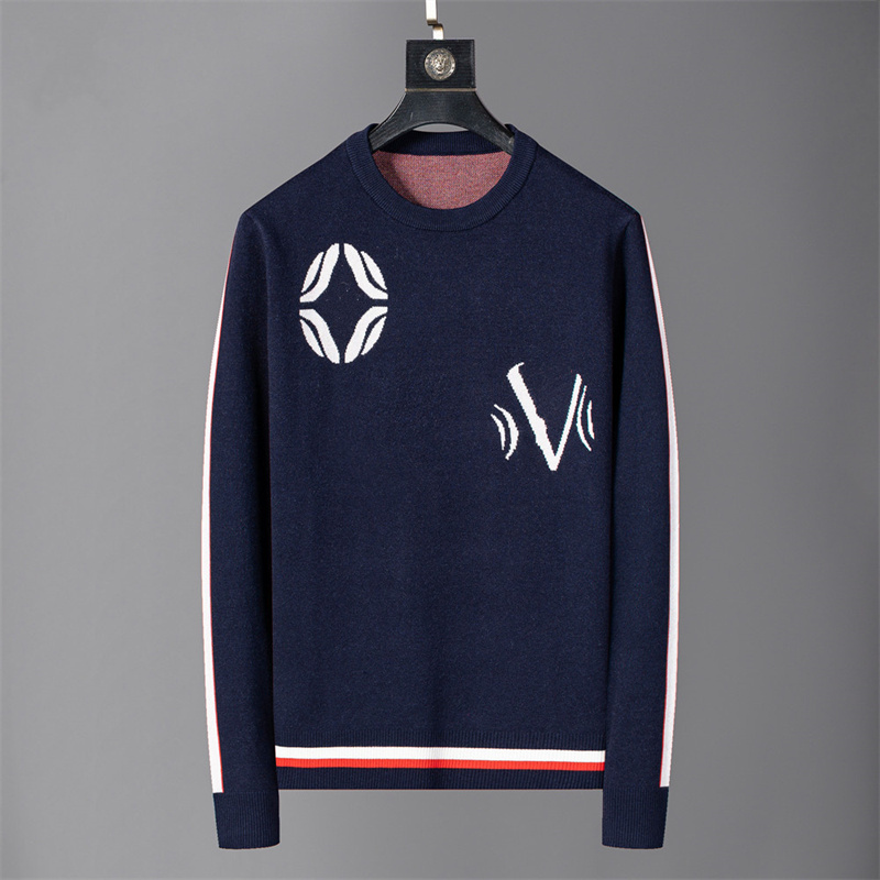 High-quality designer men's knitwear featuring a solid color with letter graphics; a warm, long-sleeved sweater blending vintage, hip-hop, and