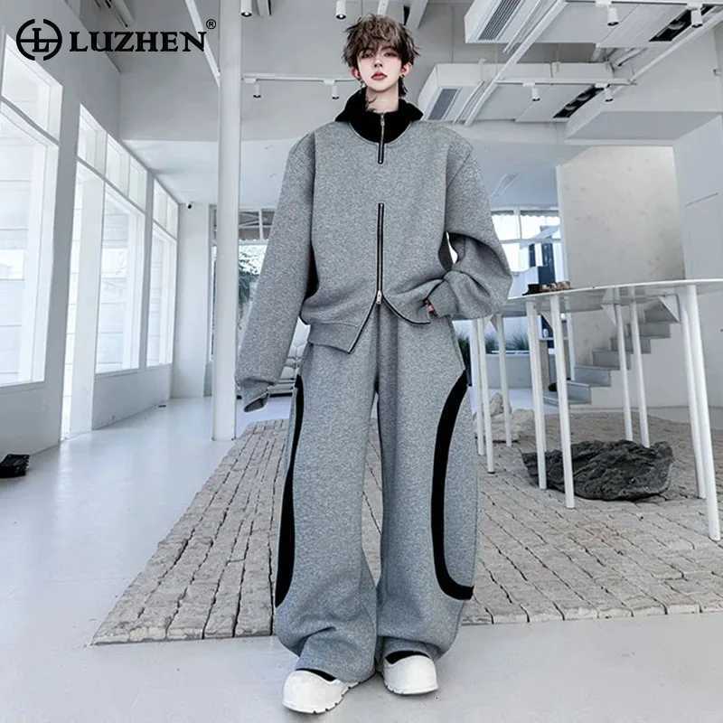 Double LUZHEN Men's Tracksuits Zipper Splicing Hooded Coat Men's Fashion Baggy Color Contrast Design Wide Leg Casual Pants Two-piece Sets
