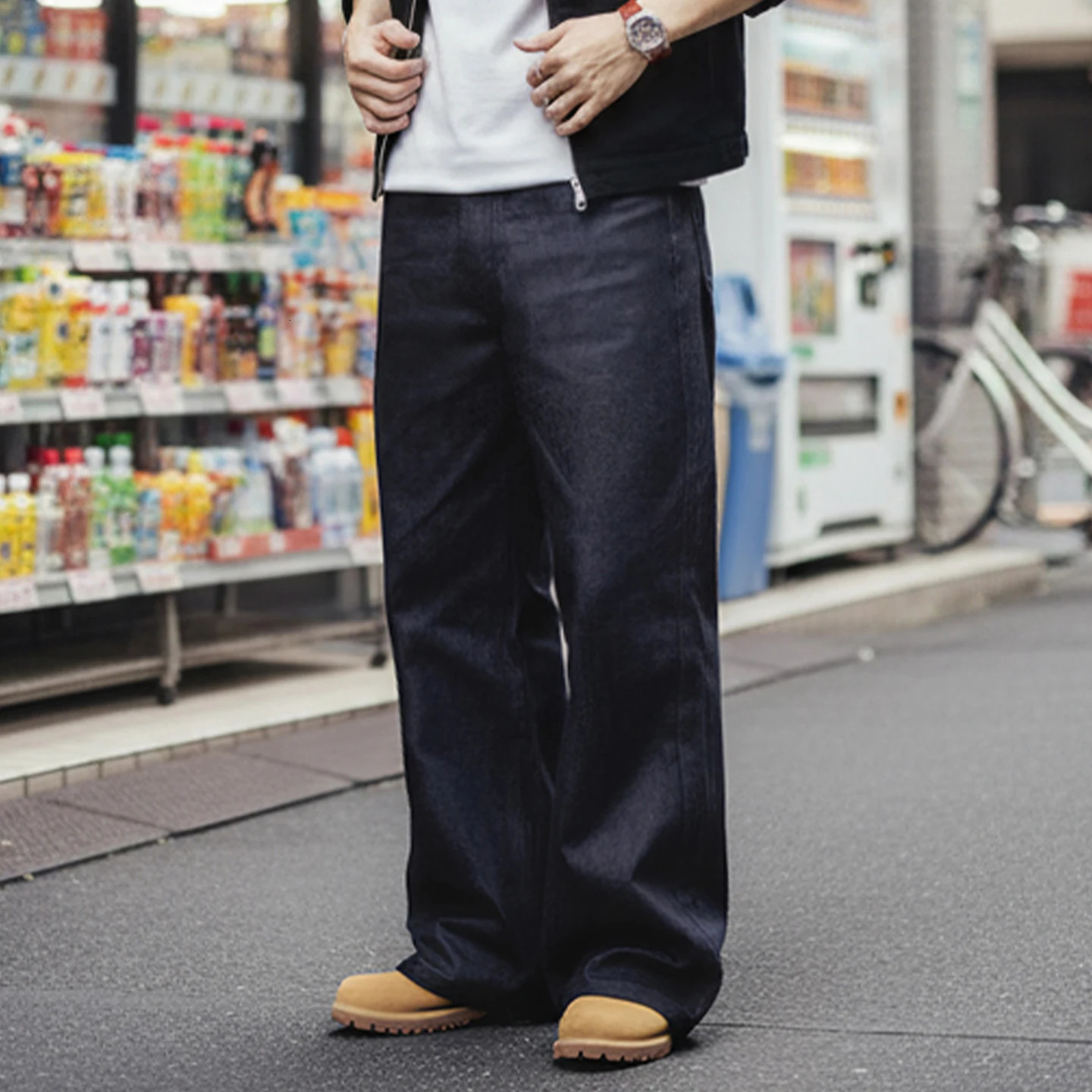 Maden Vintage Men's 15.6oz Selvedge Raw Denim Jeans Wide Leg Trousers with YKK Zipper Fly Straight Fit Jeans for Fall and Winter 260922