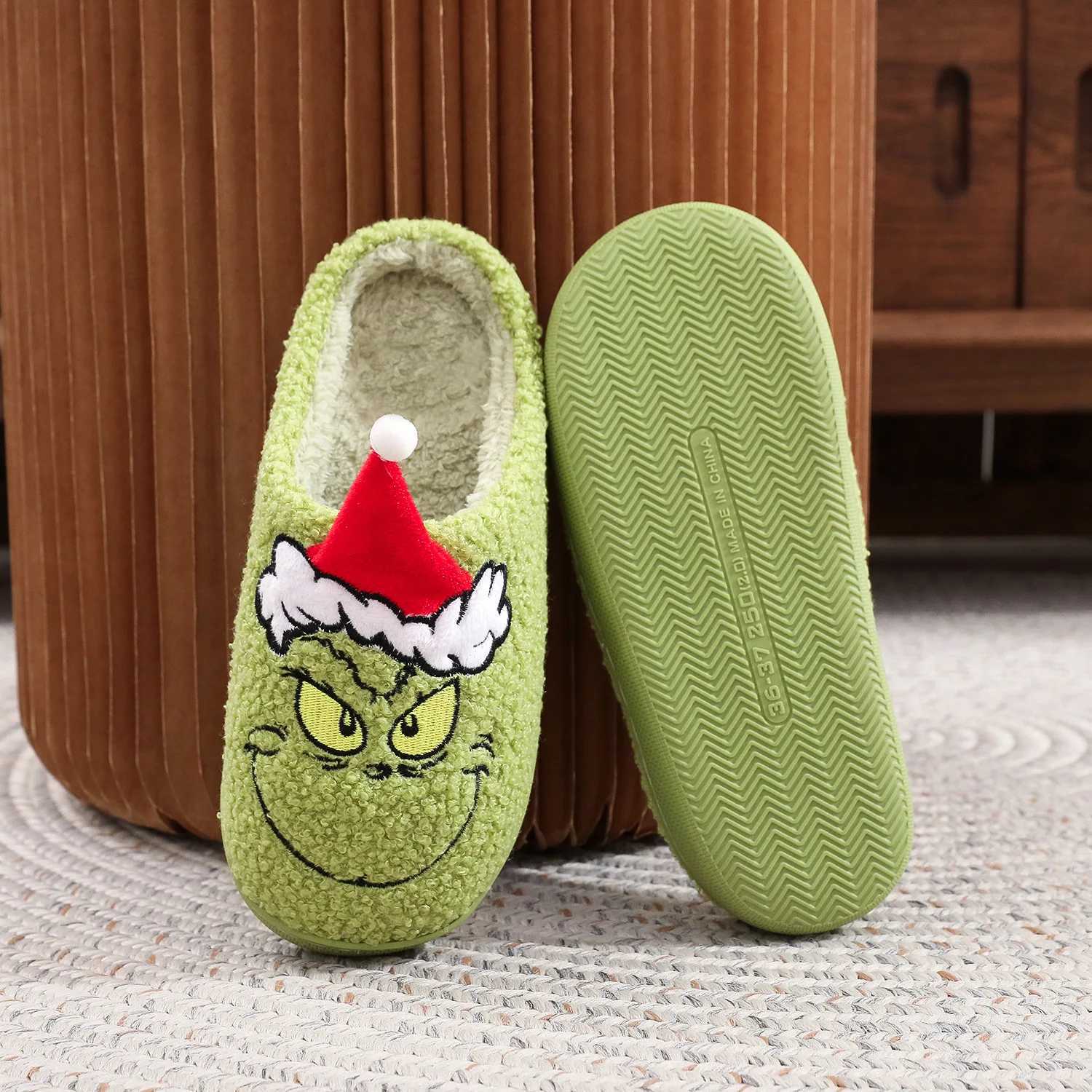 2026 Autumn Winter Fashion New Plus Size Men's Home Slippers Indoor Lazy Green Fur Monster Plush Flat Bottom Comfortable T260922ZROR
