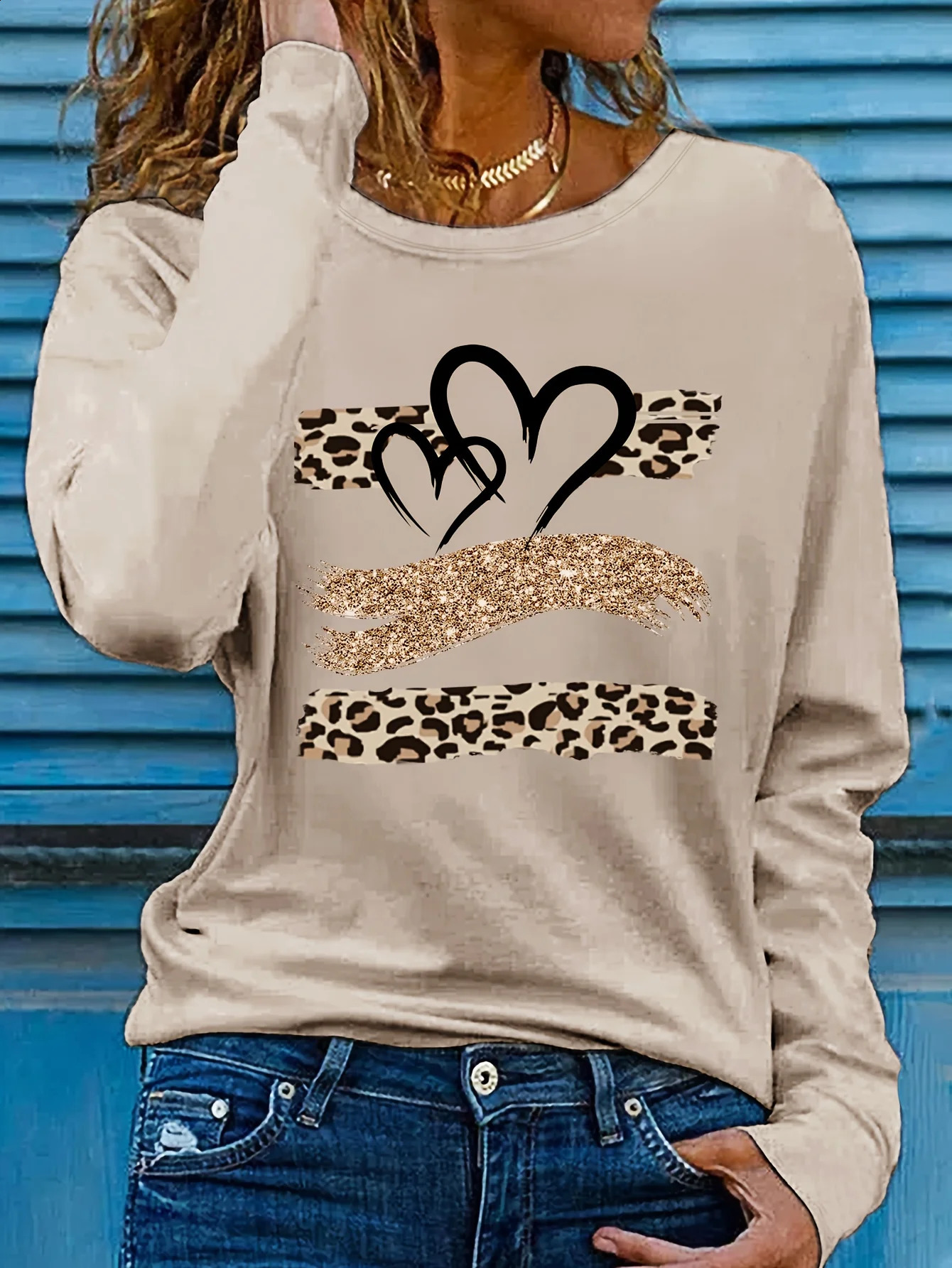Womens Spring and Autumn 100% Cotton Fashion Casual Loose Leopard Pattern Heart Pattern Printed Round Neck Long Sleeve Tshirt 260921