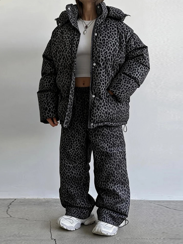 Leopard Print Padded Womens Pant Set Hooded Zipper Coat Elastic Waist Pants Female 2026 Winter Warm Thick Lady Outfit Sets 260921
