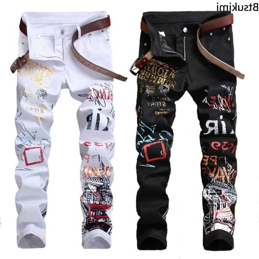 New2026 Men's Jeans Men's Fashion Jeans Night Club Black and White Color Personal Designer Printed Jeans Men Punk Pants Skinny Hip Hop Jea
