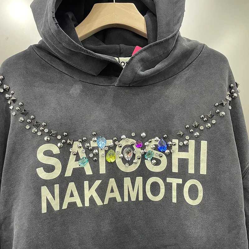 Men's Hoodies Sweatshirts 26FW 100% Cotton Oversized Rhinestone Rivet Pullover Hooded Men Women Washed Black Letters Satoshi Nakamoto Hoodie Ta