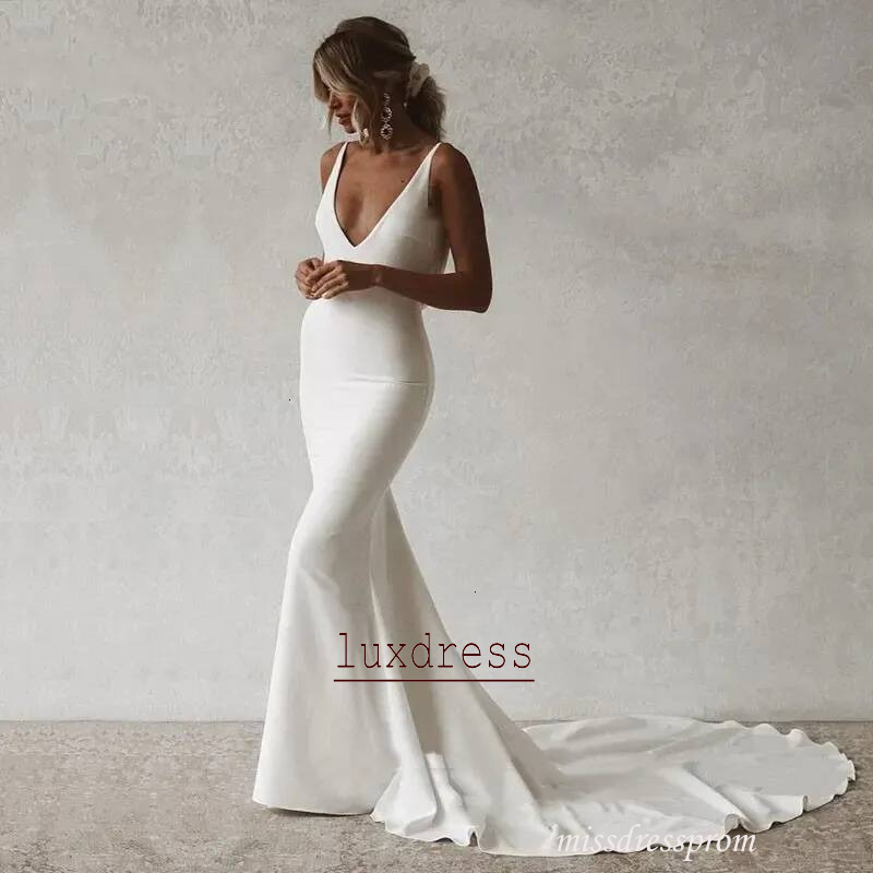 Sexy Backless Mermaid Wedding Dresses Back Buttons V Neck Sleeveless Simple Satin Boho Beach Bridal Gowns Summer Bride Dress 813