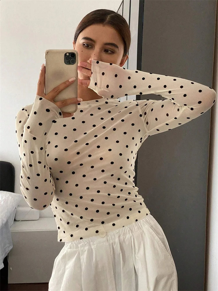 Mesh Long Sleeve Round Neck T-shirt for Women Summer Sexy See Through Slim Fit Top Streetwear 260921