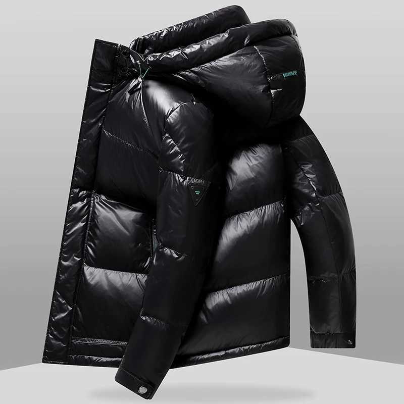 Down Parkas New Winter Men's Warm Down Jacket Men's Fashion Bright Short Down Coat Outdoor Light Waterproof White Duck Down Hooded Parka M
