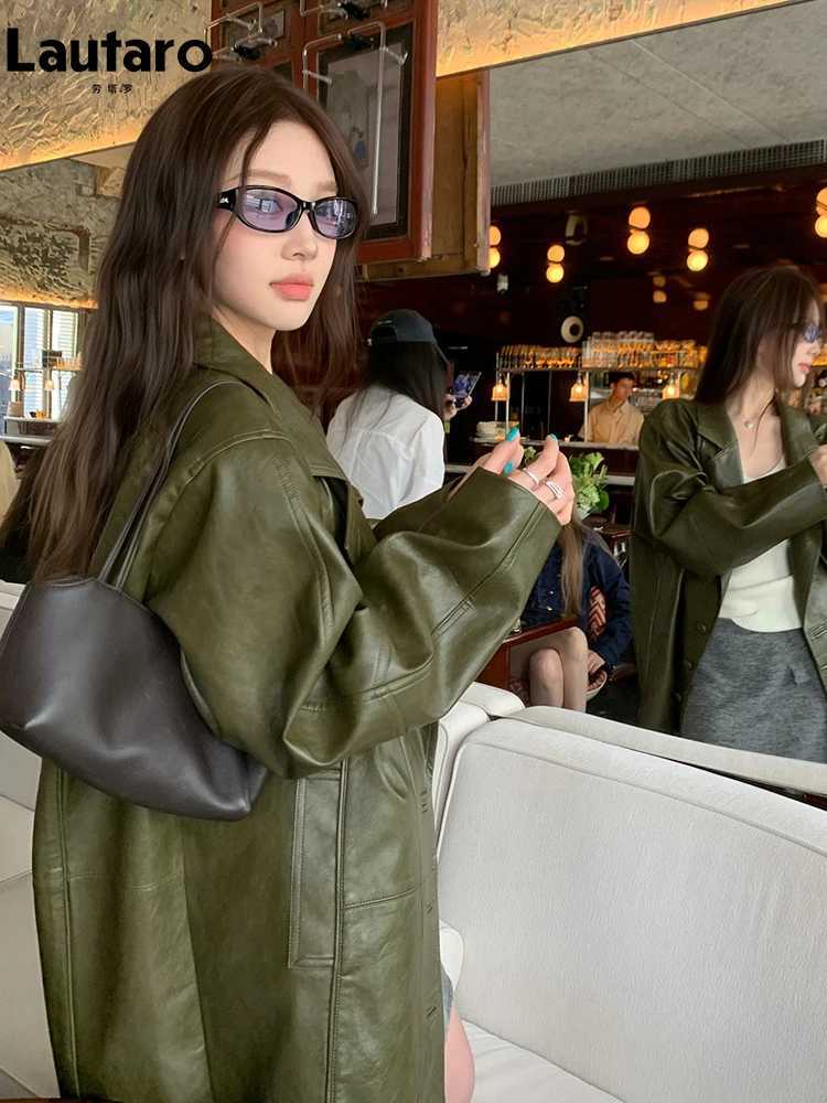 Oversized Lautaro Autumn Olive Green PU Leather Blazer Jacket Women Single Breasted Loose Casual Korean Fashion Clothes 2026 C260921