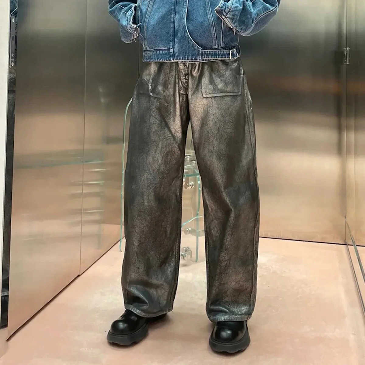 Wax Distressed Coated Washed Baggy for Men and Women Black Casual Pants Oversized Ripped Denim Trousers S260922E5HA