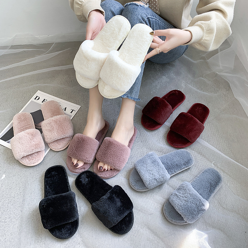 Foreign Trade Cotton Furry for Women Indoor Home Autumn Winter Short Plush Flat Open Toe Large Size Slippers