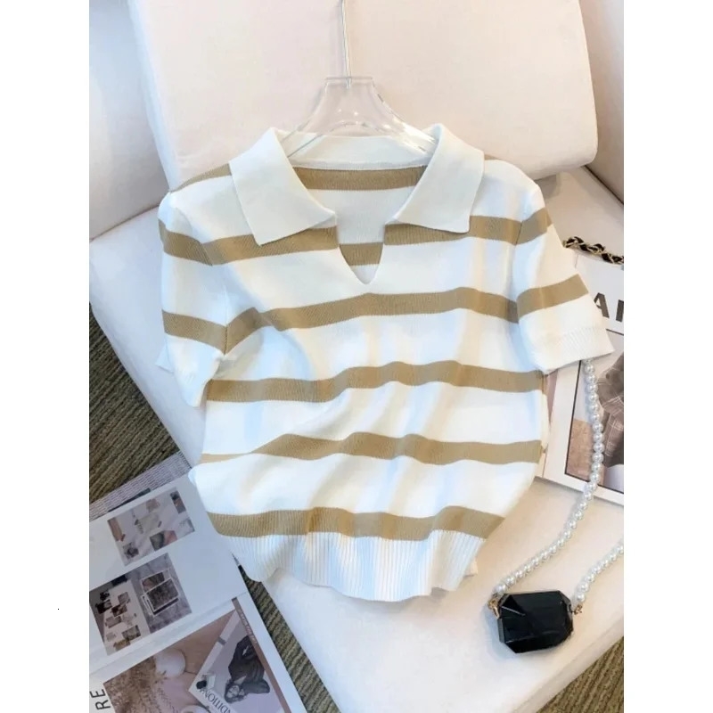2026 Striped Pattern Collared Sweater Versatile Short Sleeve Knitted Top For Spring Summer Women's Clothing Crop y260916