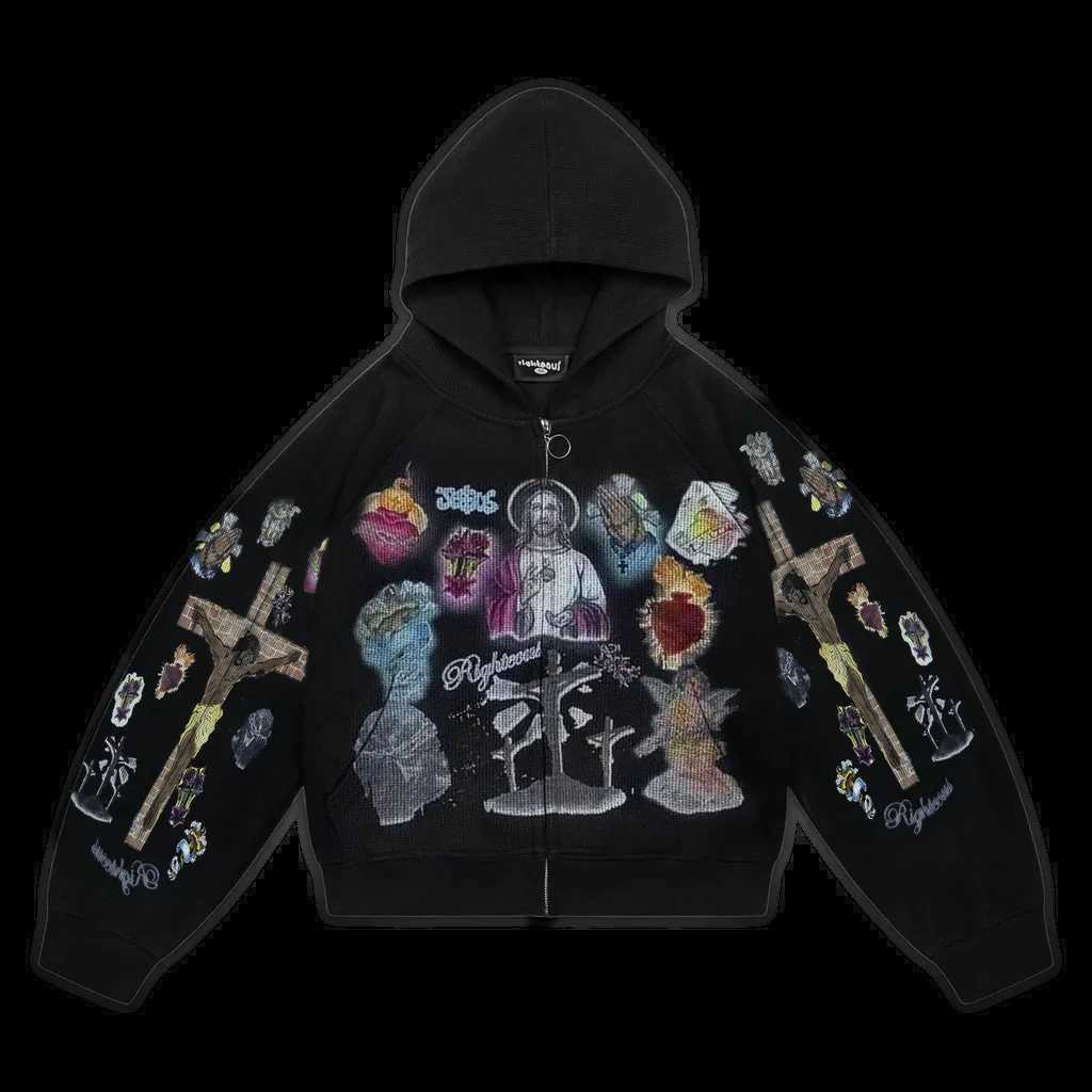 Men's Hoodies Sweatshirts Trendy Y2K Mens Street Black Zip Up Hoodie Unisex with Religious Pattern Multi Element Print for Niche Youth Express
