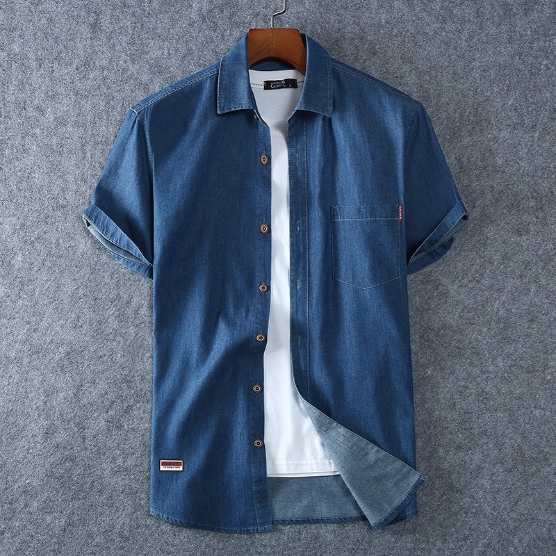 Men's Blue Denim Shirts Short Sleeve Jean Summer High Quality Men Cotton Light Plus size L8XL y260915