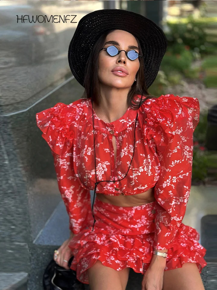 Sexy Print Top Skirts Set Women Party Full Sleeve Button Oneck Shirt Ruffles Min Skirt Sets 2026 Spring Summer Chic Lady Outfit 260921