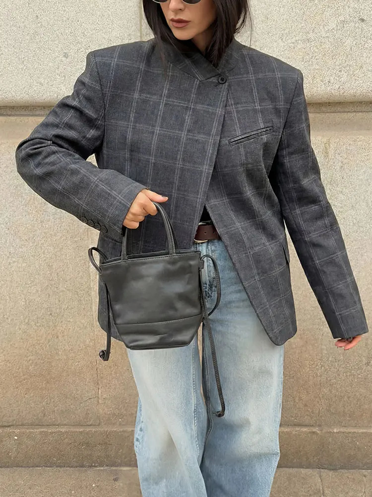 HH Women Fashion Plaid Blazer Coat Stand Collar Long Sleeve Jacket 2026 Spring Trend Casual Office Lady Chic Outerwear 260921