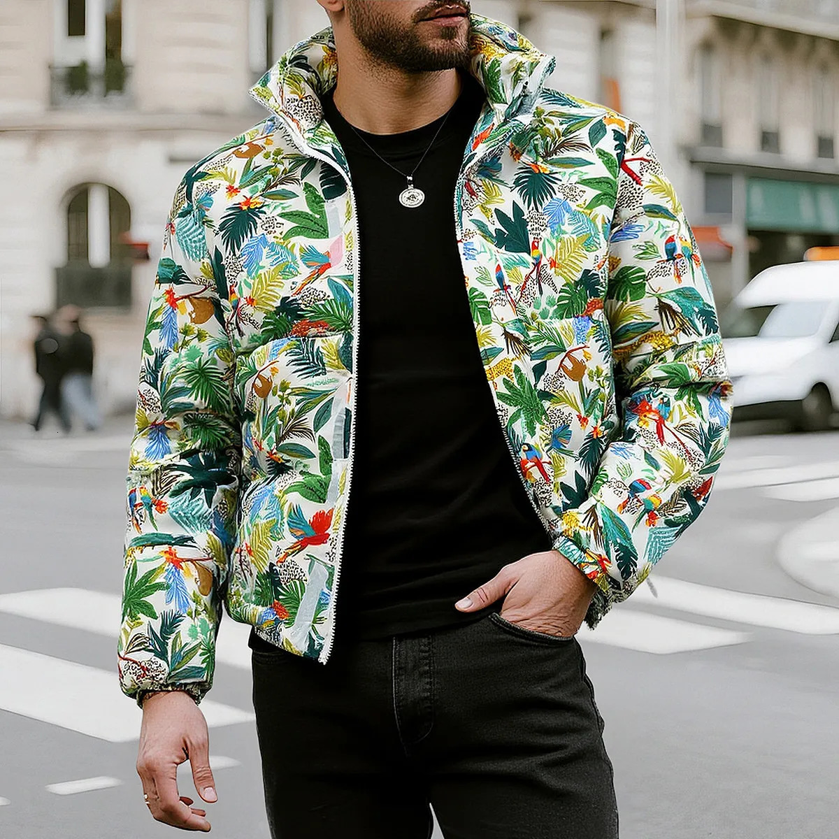 Winter Arrival Mens Green LongSleeve Printed Thick Jacket StandUp Collar Parka Coat Black Fashionable Warm Top 260922