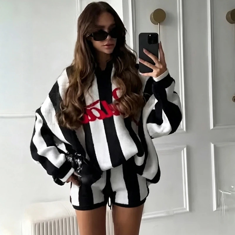 Women 2 Piece Striped Knit Loungewear Oversized V Neck Letter Embroidery Sweater Shorts Casual Matching Set Tracksuit Streetwear 260922