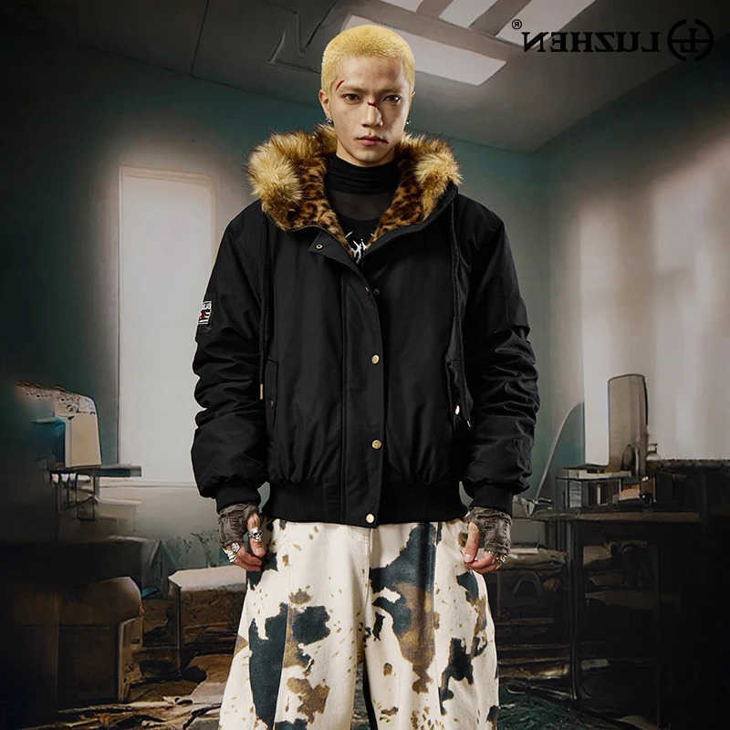 LUZHEN Parkas Men's 2025 Down Winter New Thickened Warm Leopard Print Fleece Liner Hooded Fur Parka Coat Men Trendy Street Handsome Jacket JY49