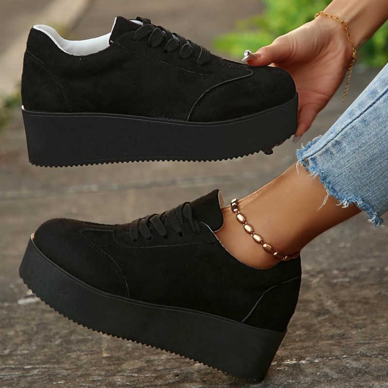 Size Plus Casual Chunky Shoes Heel Sneakers Women Spring Autumn Lace Up Black Sneakers Woman Faux Suede Platform Vulcanize Shoes Female D260922