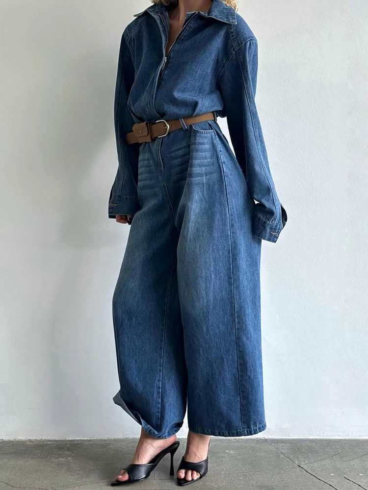 Sets Fashion Denim Women's Baseball Jumpsuit Lapel Zipper Loose Wide Leg Long Sleeve Chic 2026 Spring Autumn New High Street Office Daily Wear
