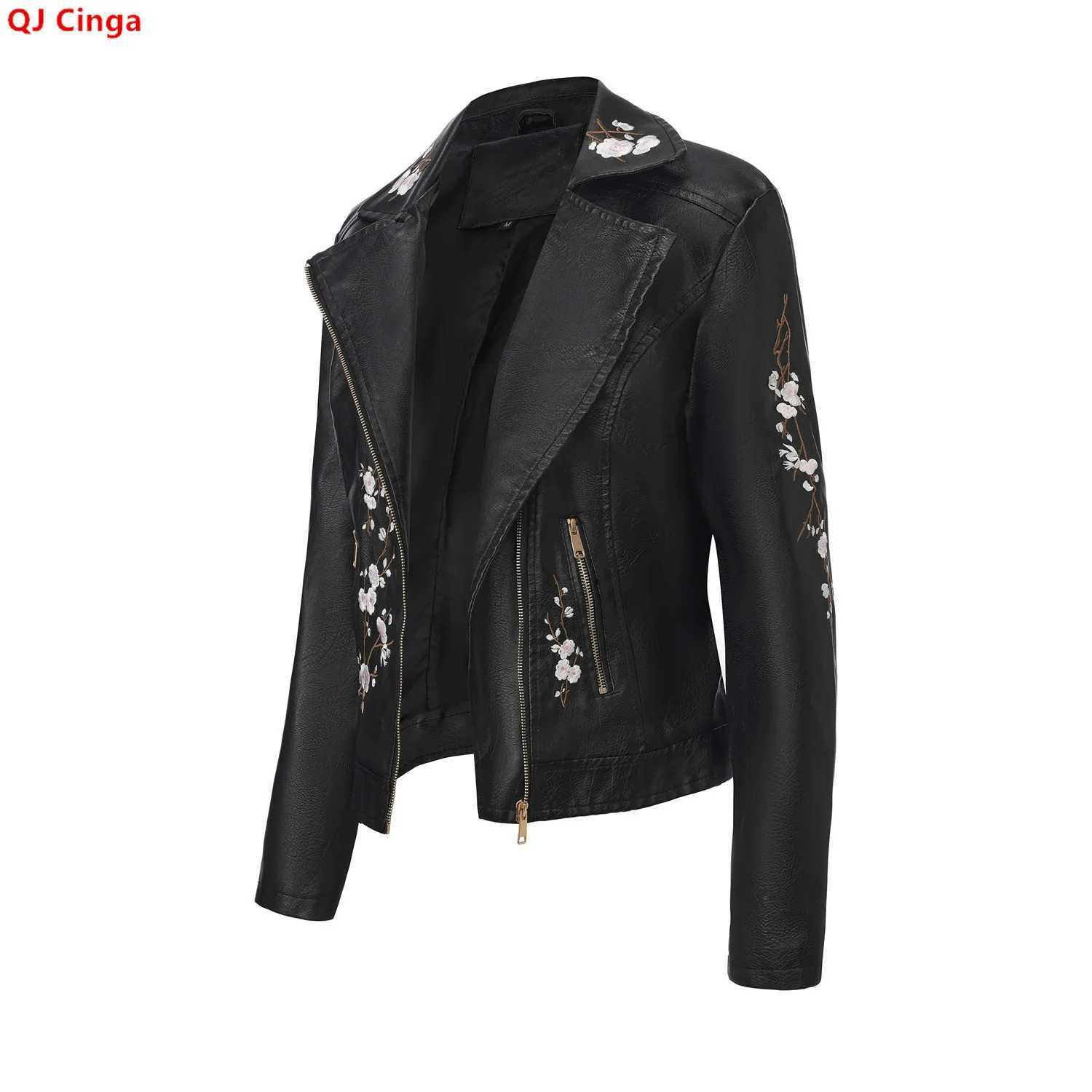 Leather Faux Women's Leather New Fall Women's Black Faux Leather Jacket; White Floral Embroidered PU Coat; Dark Brown Motorcycle-style Top