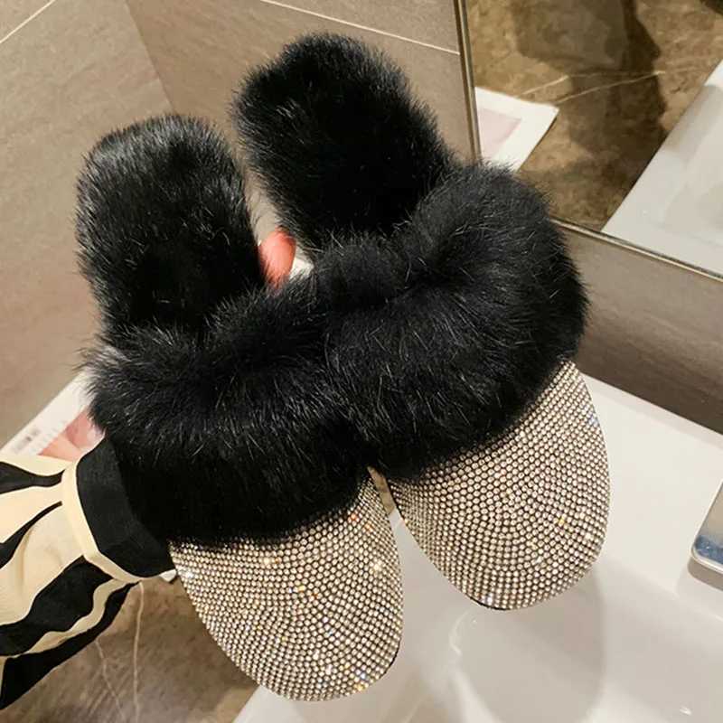 Women Slippers Ladies House Luxury 2023 Rhinestone Fur Crystal Winter Home Female Outdoor Mules Flats Shoes Slides For Women T260922