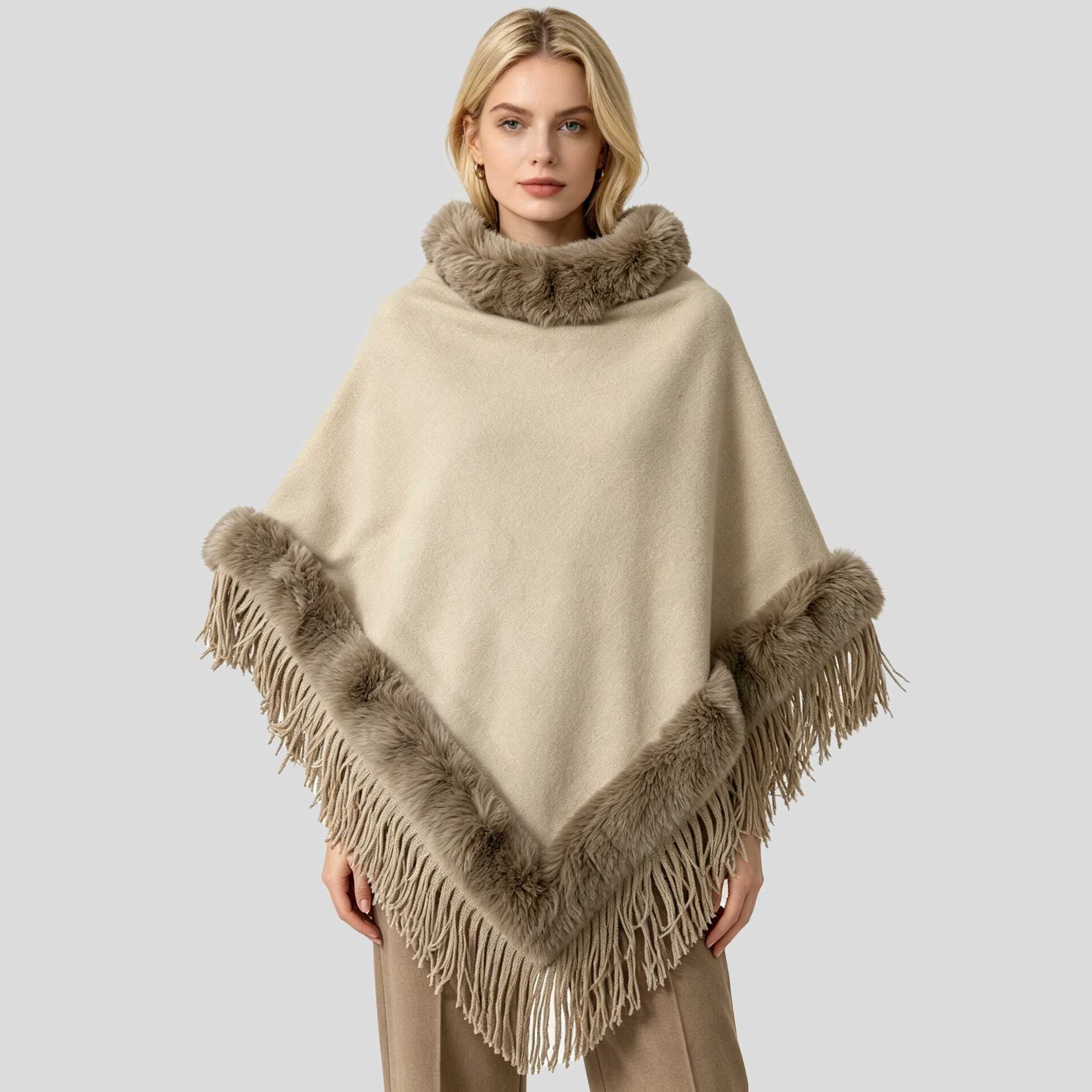 Winter Autumn New Style Thickened Warm Faux Rabbit Fur Collar Tassel Cloak Shoulder Wrap Women's Outerwear High-End Furry Cape S2609222OCA