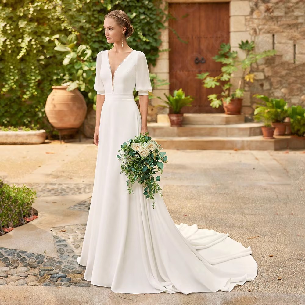 Elegant Wedding Dresses Half Sleeves V Neck Buttons Back Sweep Train Chiffon A-line Boho Bridal Bride Gowns 2027 Vestido de Novia Robe De Mariage
